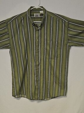 Farah Men's Olive Green Striped Button-Down Shirt. Size L